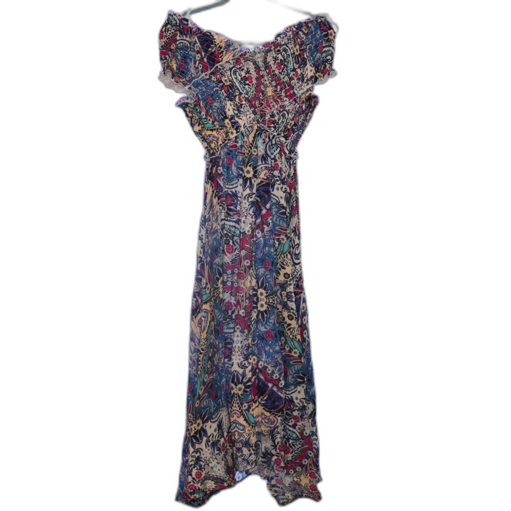 By Anthropologie Smocked Gauze Criss-Cross Dress Blue Motif Boho Medium - Picture 5 of 16